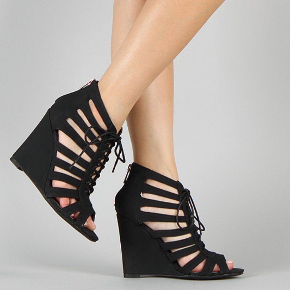 Bamboo-Royce-Caged Lace Up Open Toe Wedge Sandal
